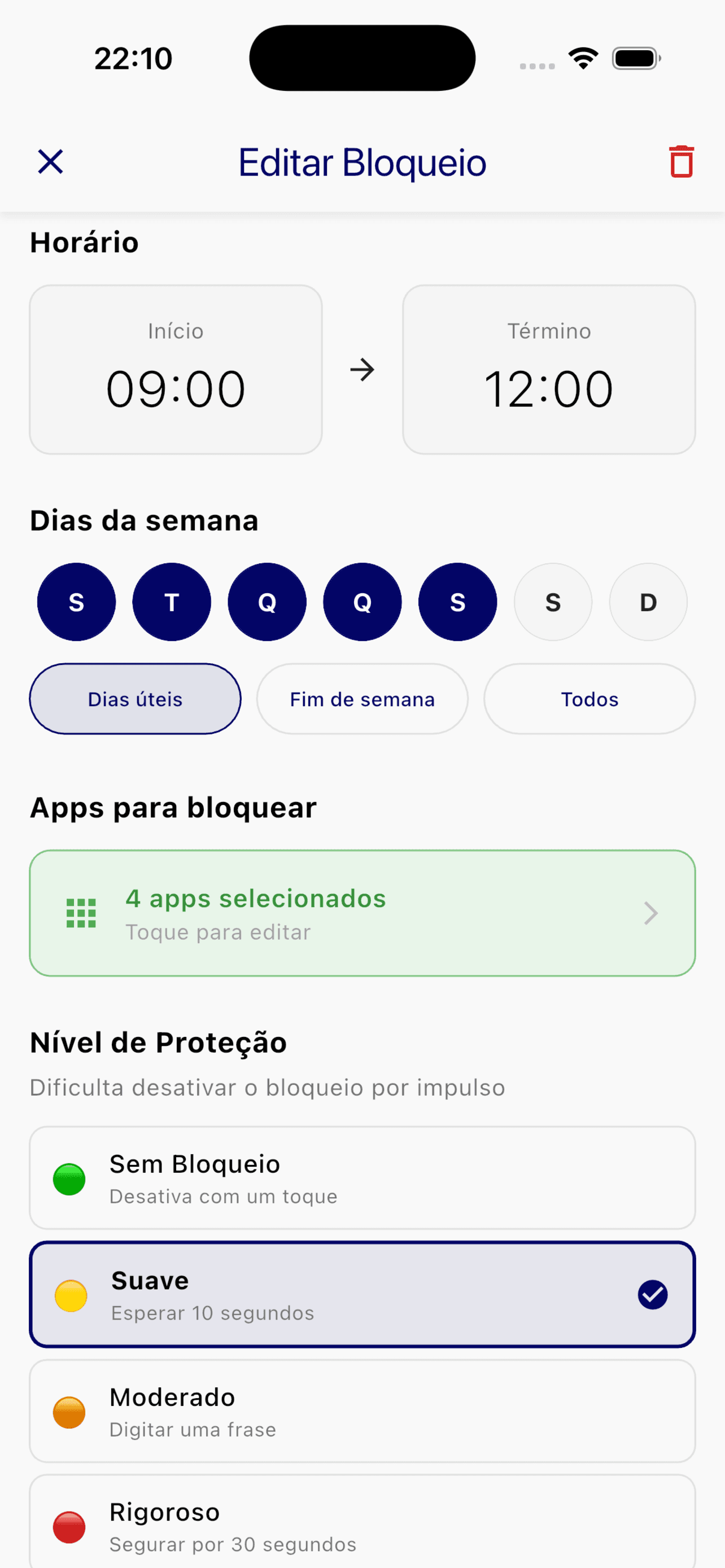Tela de edição de bloqueio: horário de início e término, dias da semana, apps selecionados e nível de bloqueio